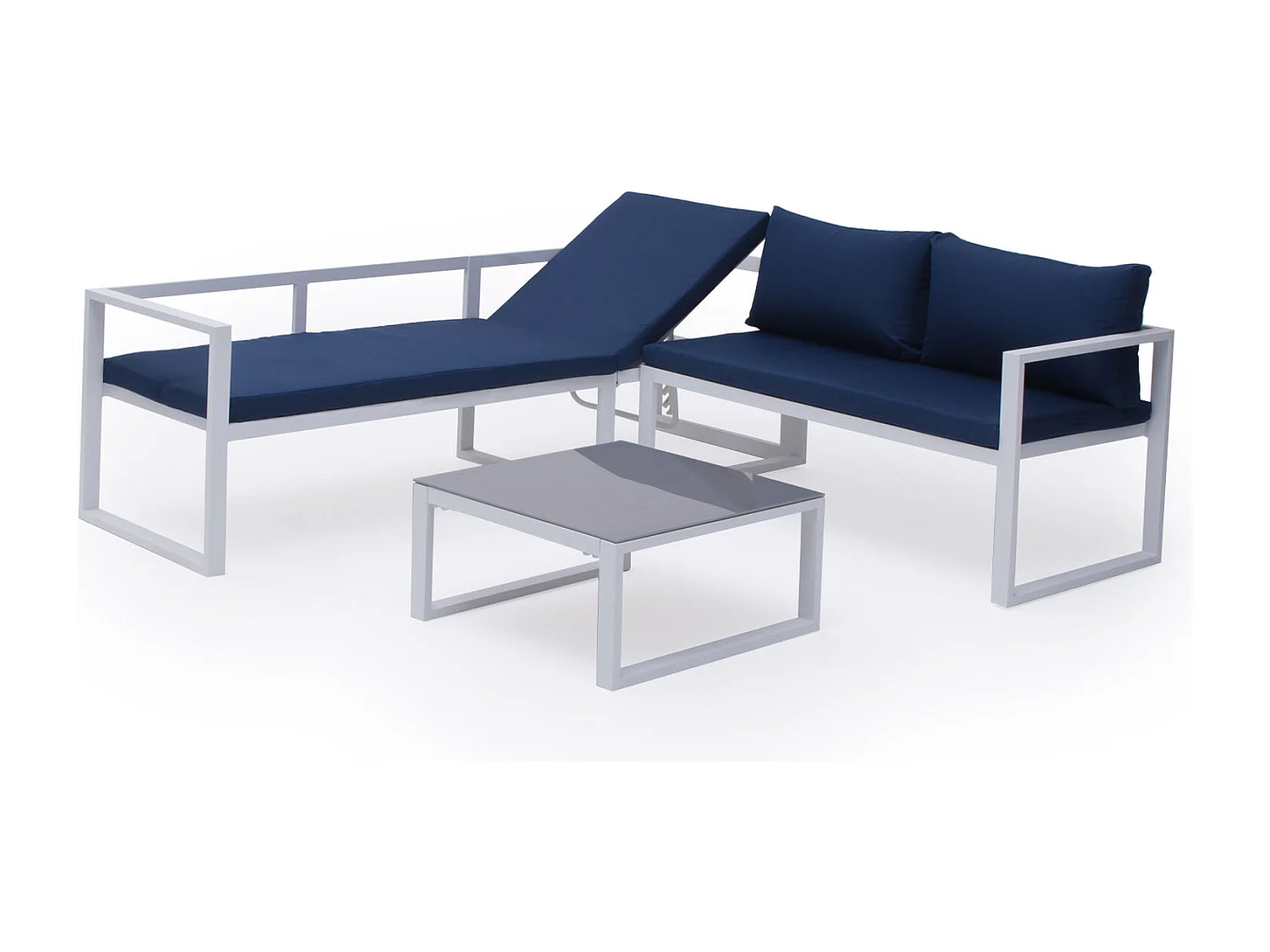 Salon de jardin modulable IBIZA en tissu bleu 4 places - aluminium blanc