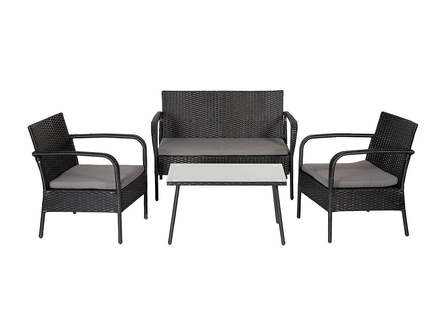 Salon de jardin LIPARI en résine tressée noir 4 places - coussins gris