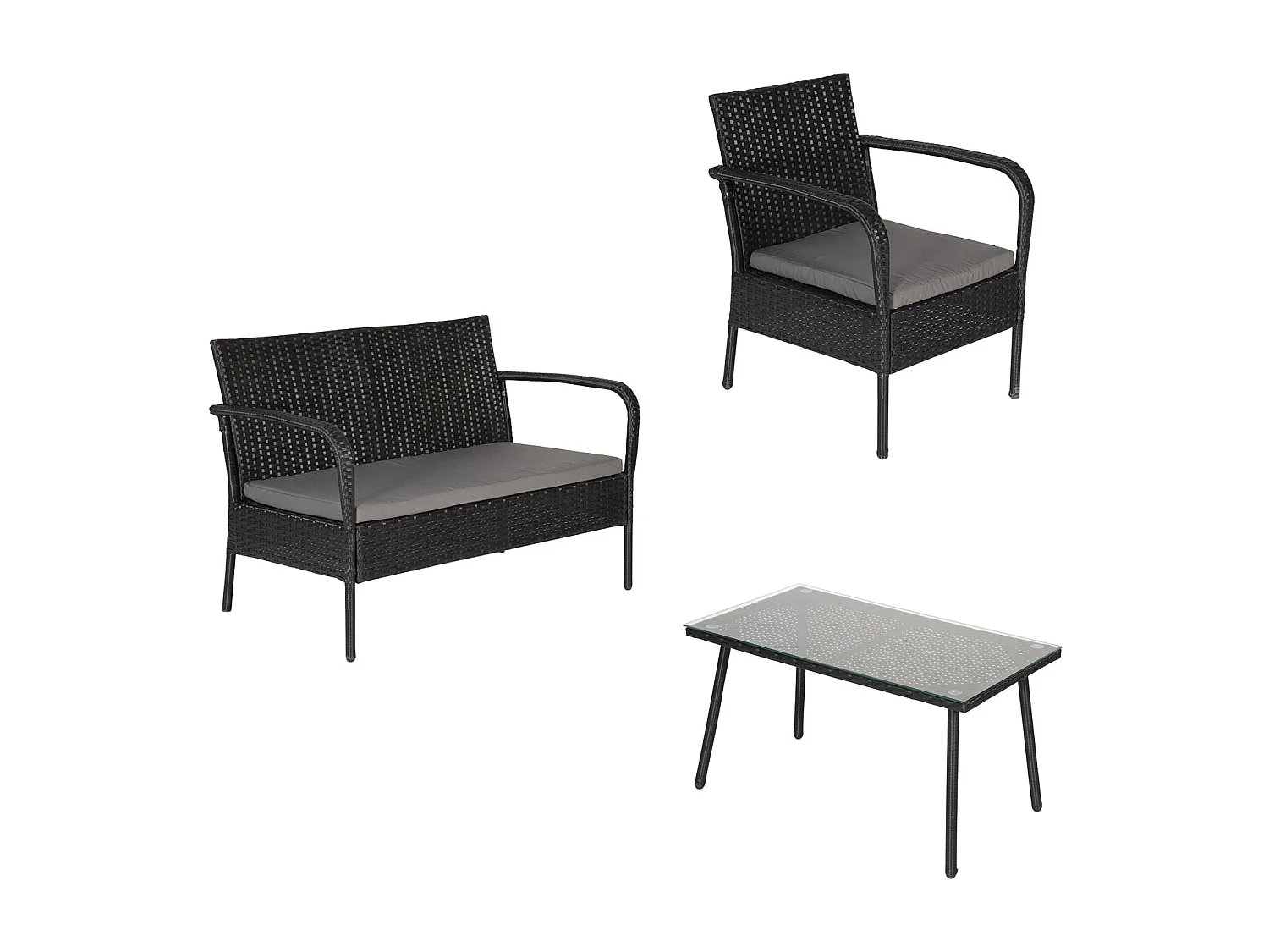 Salon de jardin LIPARI en résine tressée noir 4 places - coussins gris