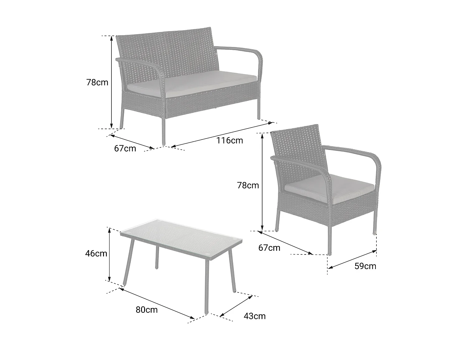 Salon de jardin LIPARI en résine tressée noir 4 places - coussins gris