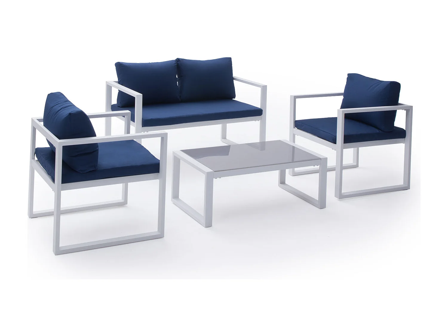 Salon de jardin IBIZA en tissu bleu 4 places - aluminium blanc