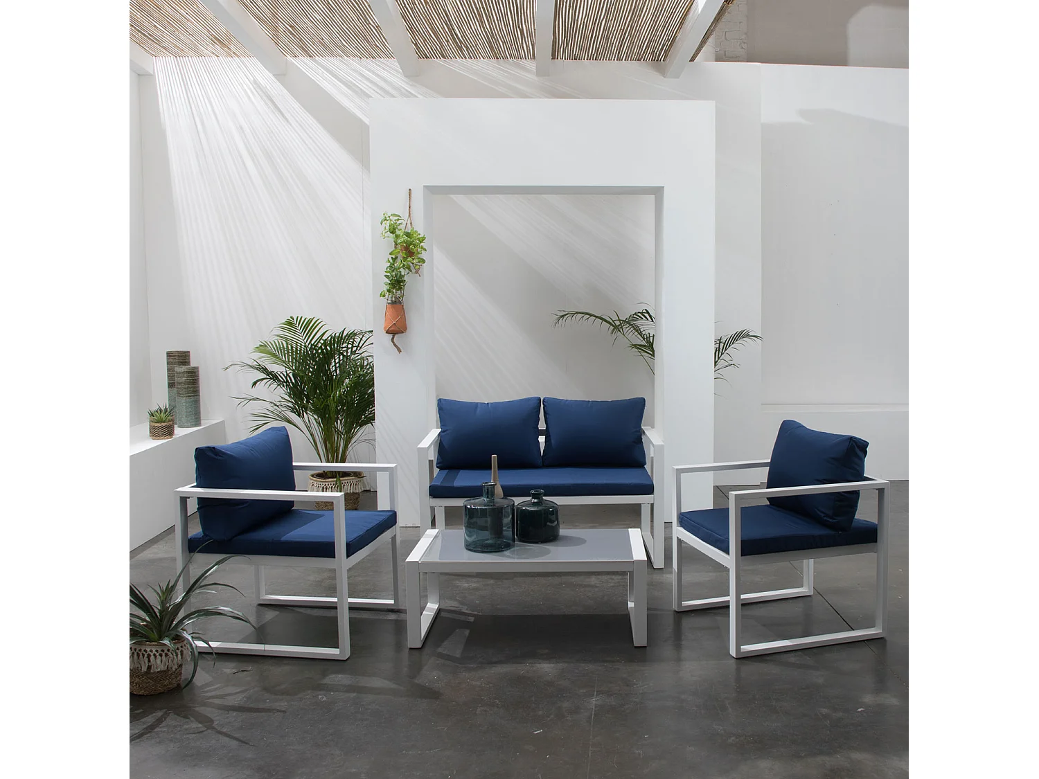 Salon de jardin IBIZA en tissu bleu 4 places - aluminium blanc