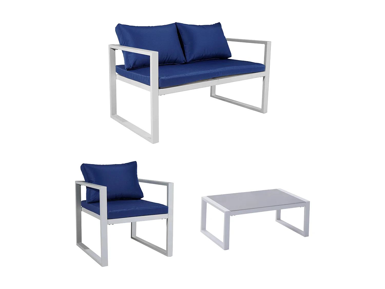 Salon de jardin IBIZA en tissu bleu 4 places - aluminium blanc