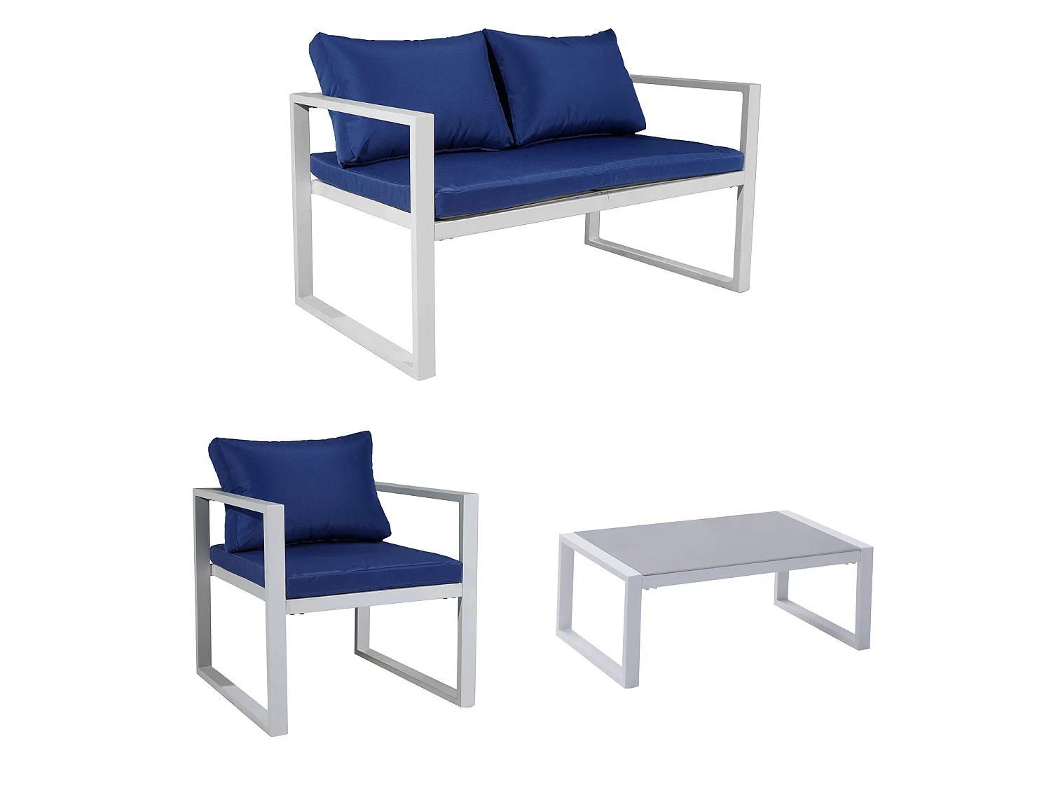 Salon de jardin IBIZA en tissu bleu 4 places - aluminium blanc