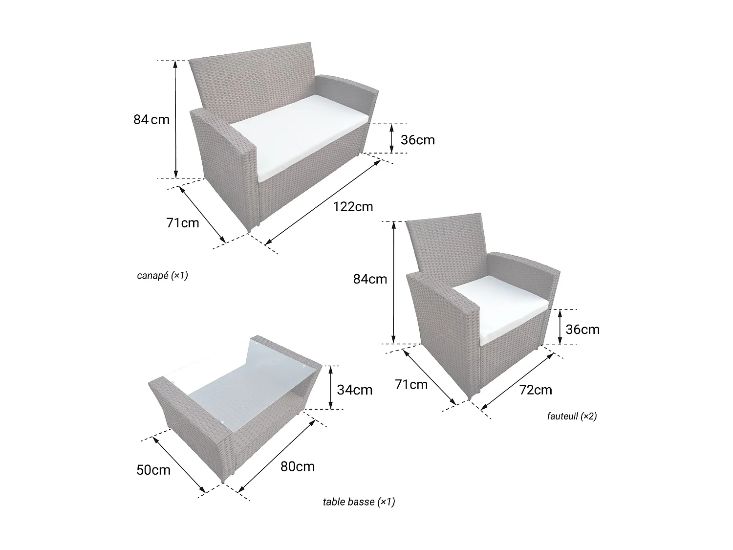 Set di mobili da giardino in resina intrecciata COMINO grigio 4 posti - cuscini grigi - HAPPY GARDEN