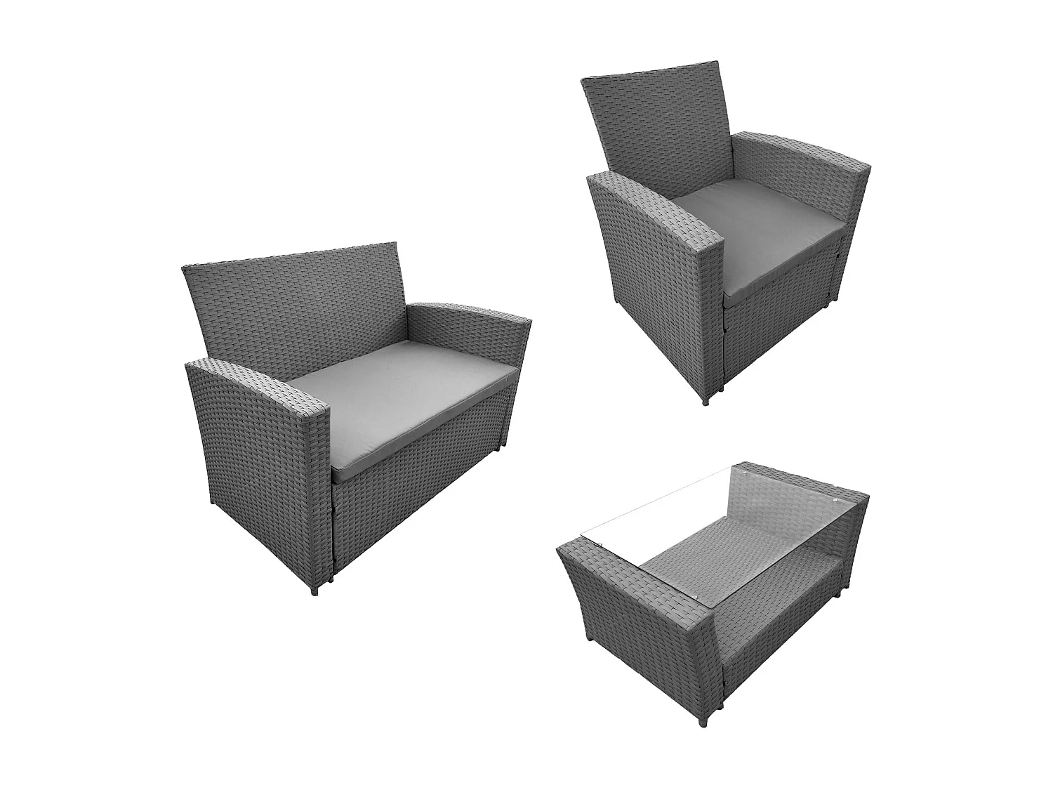 Salon de jardin COMINO en résine tressée grise 4 places - coussins gris