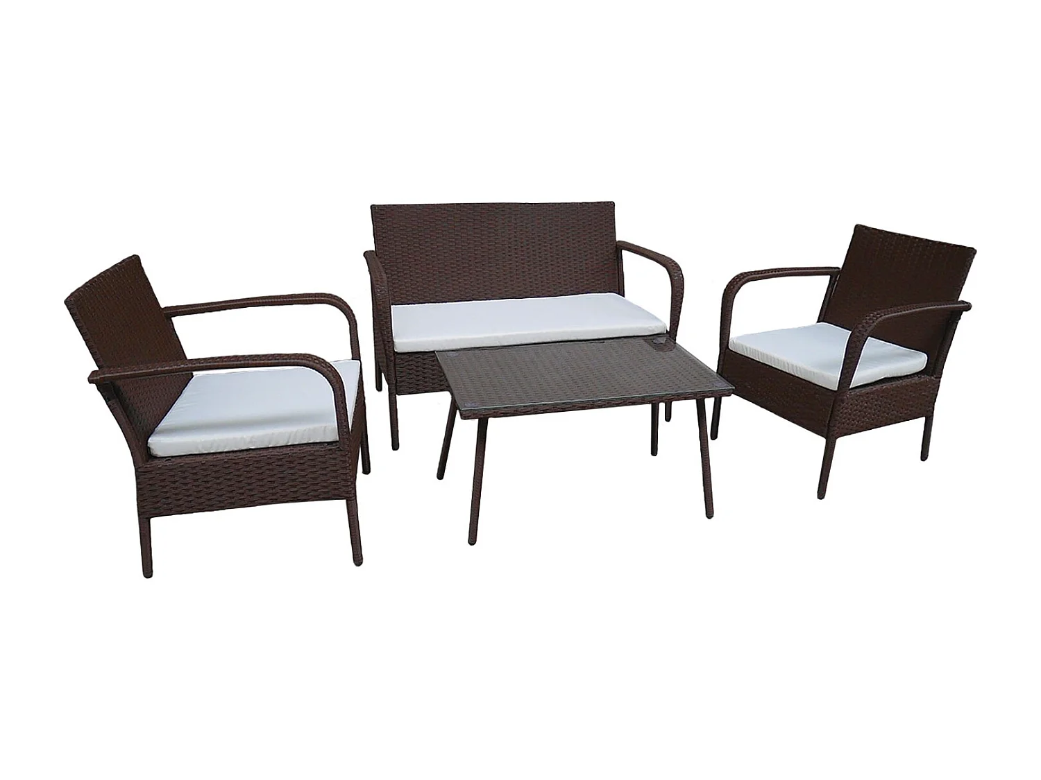 Salon de jardin LIPARI en résine tressée marron 4 places - coussins ivoire