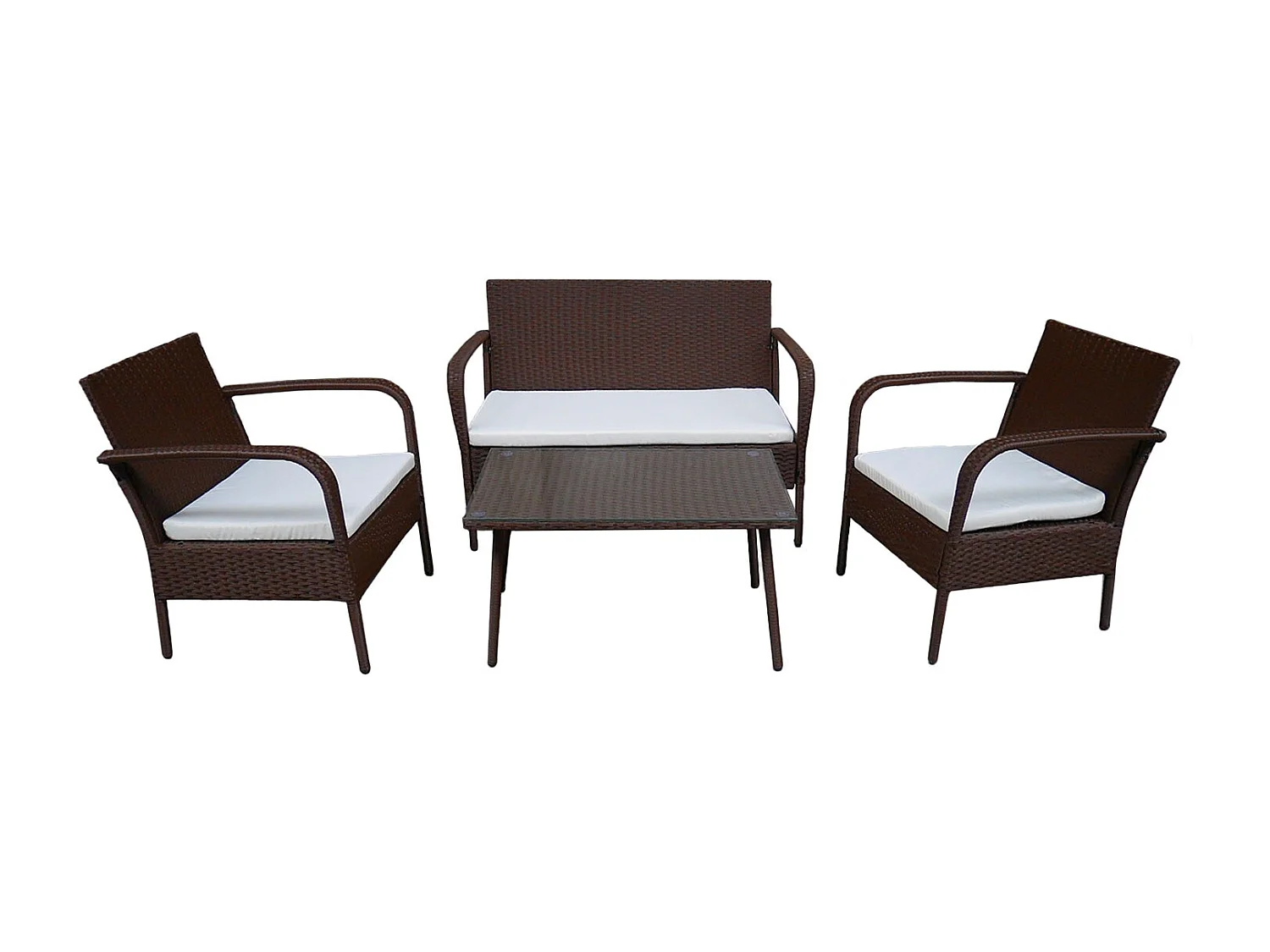 Salon de jardin LIPARI en résine tressée marron 4 places - coussins ivoire