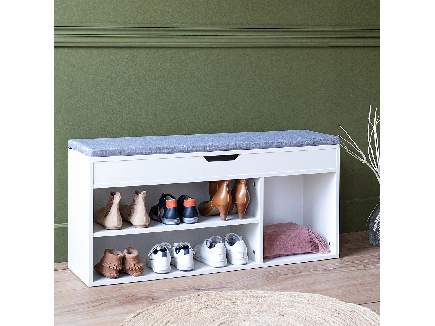 Meuble à chaussures trois casiers avec coffre blanc ALAN