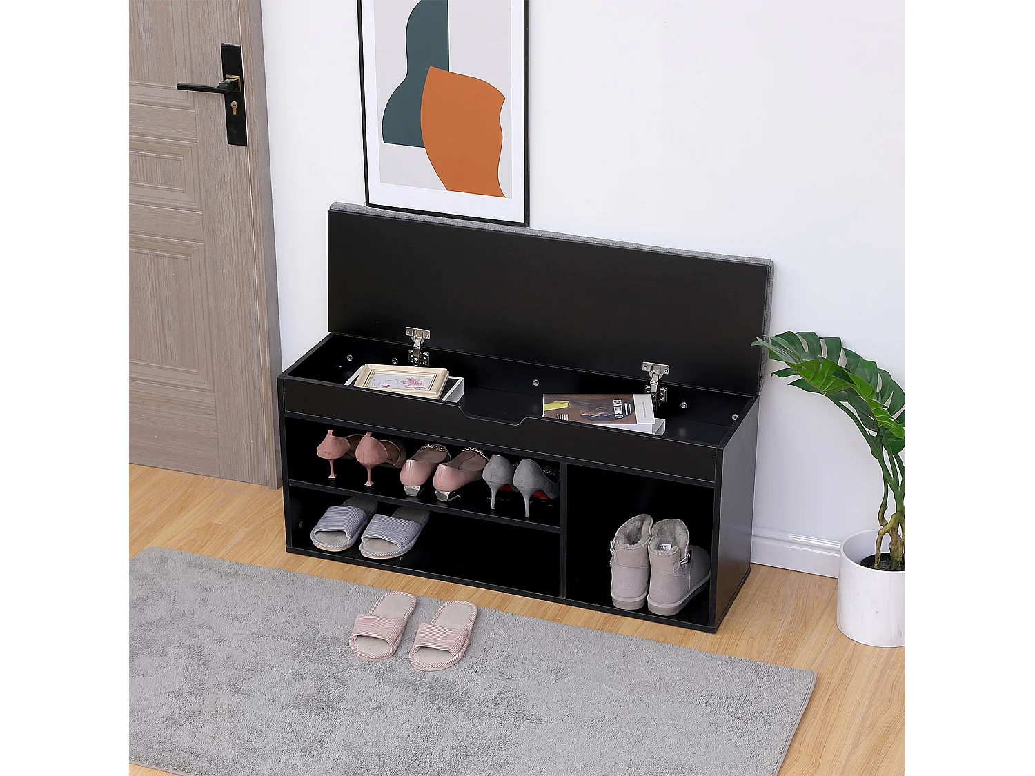 Meuble à chaussures trois casiers avec coffre noir ALAN