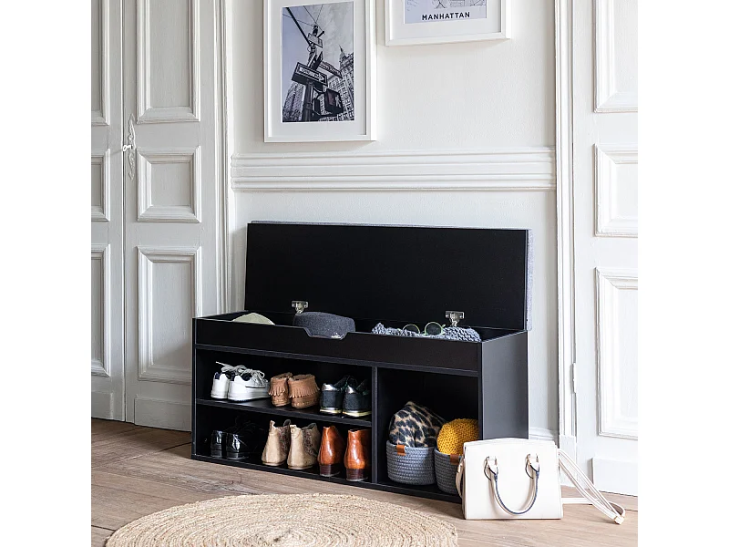 Meuble à chaussures trois casiers avec coffre noir ALAN