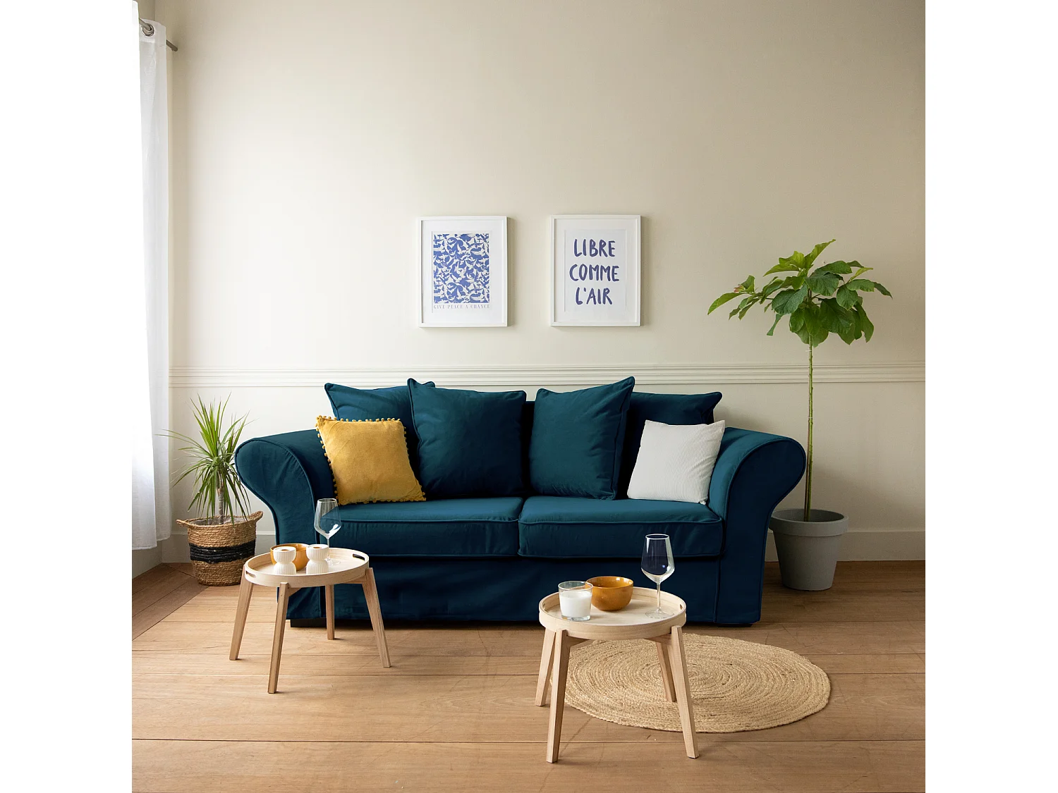 Canapé droit 3 places en velours bleu navy OSCAR