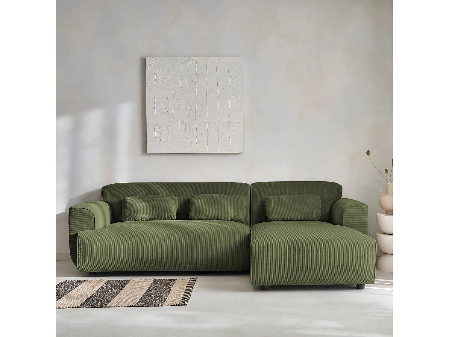 Sofá esquinero de pana de 2 a 3 plazas, esquina derecha verde