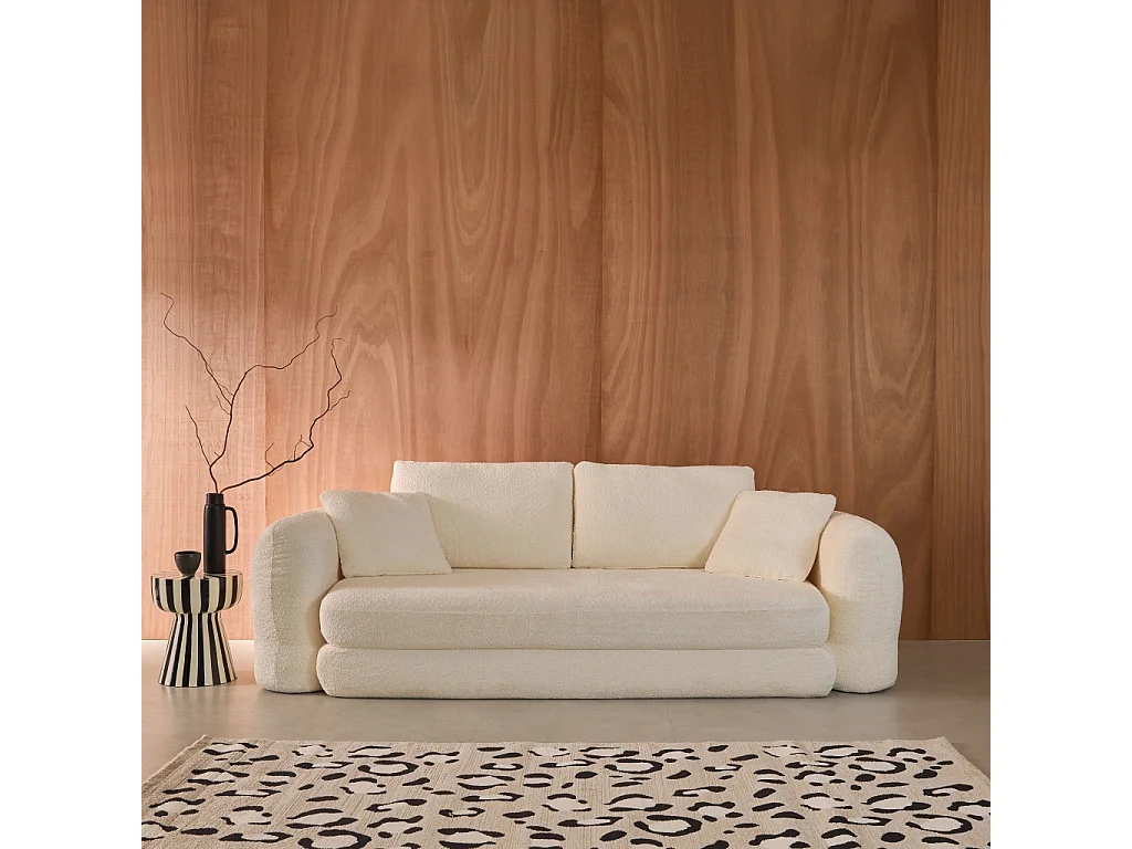 Canapé convertible 3 places en bouclette texturée blanc cassé L 243 x P 112 x H 66 cm