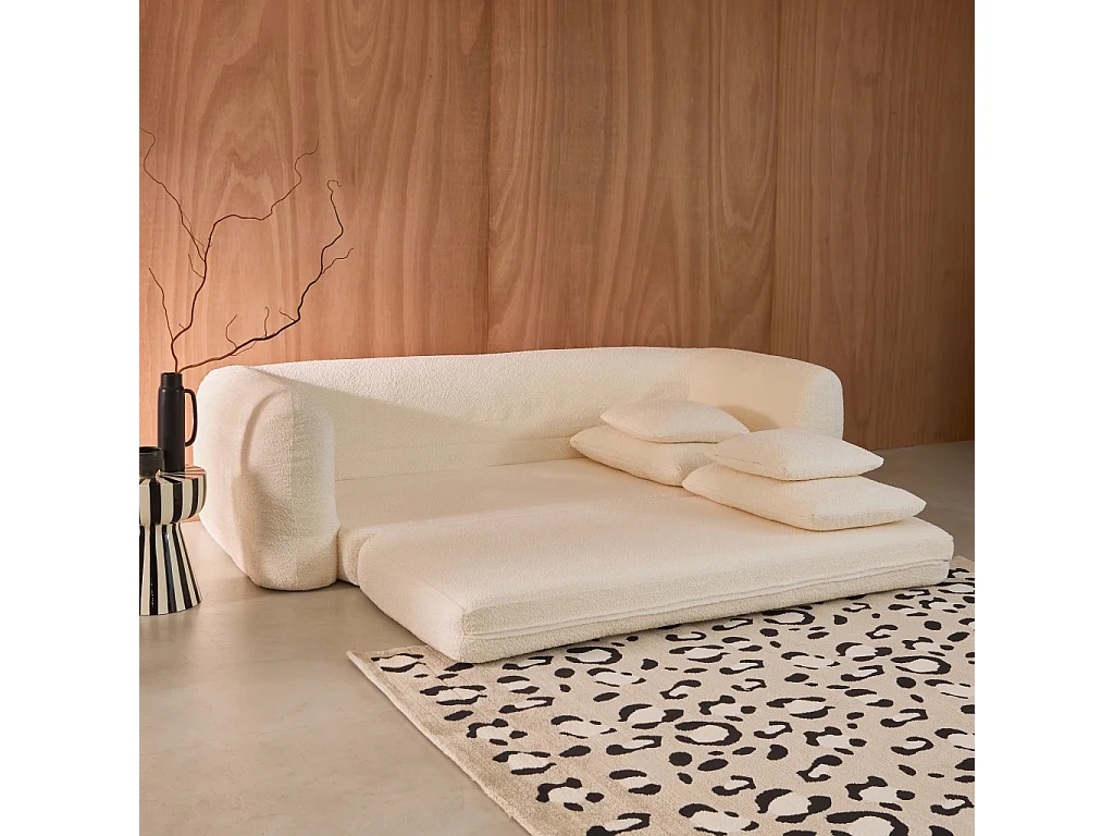 Canapé convertible 3 places en bouclette texturée blanc cassé L 243 x P 112 x H 66 cm