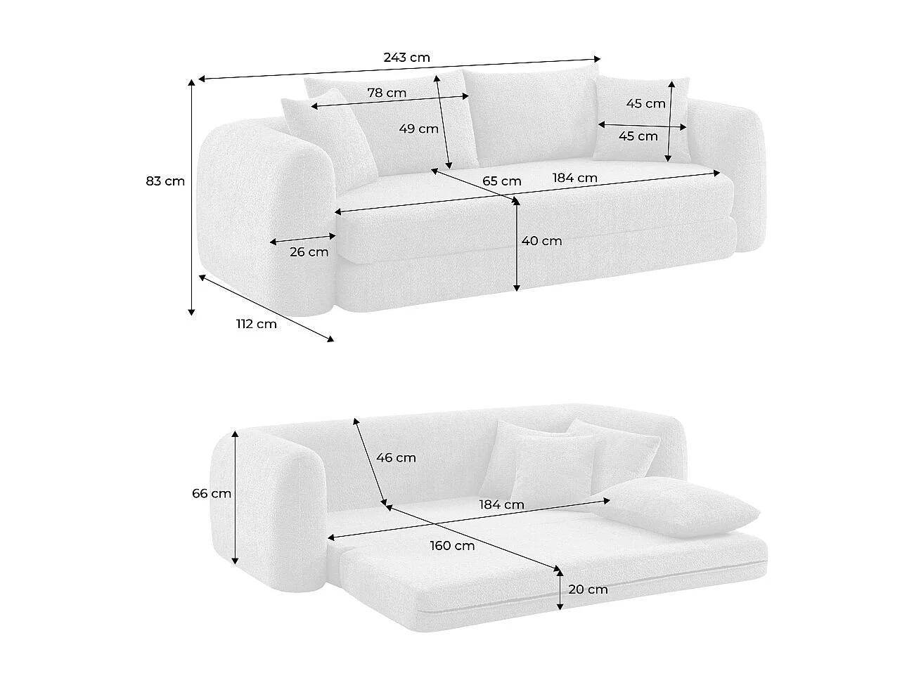 Canapé convertible 3 places en bouclette texturée blanc cassé L 243 x P 112 x H 66 cm