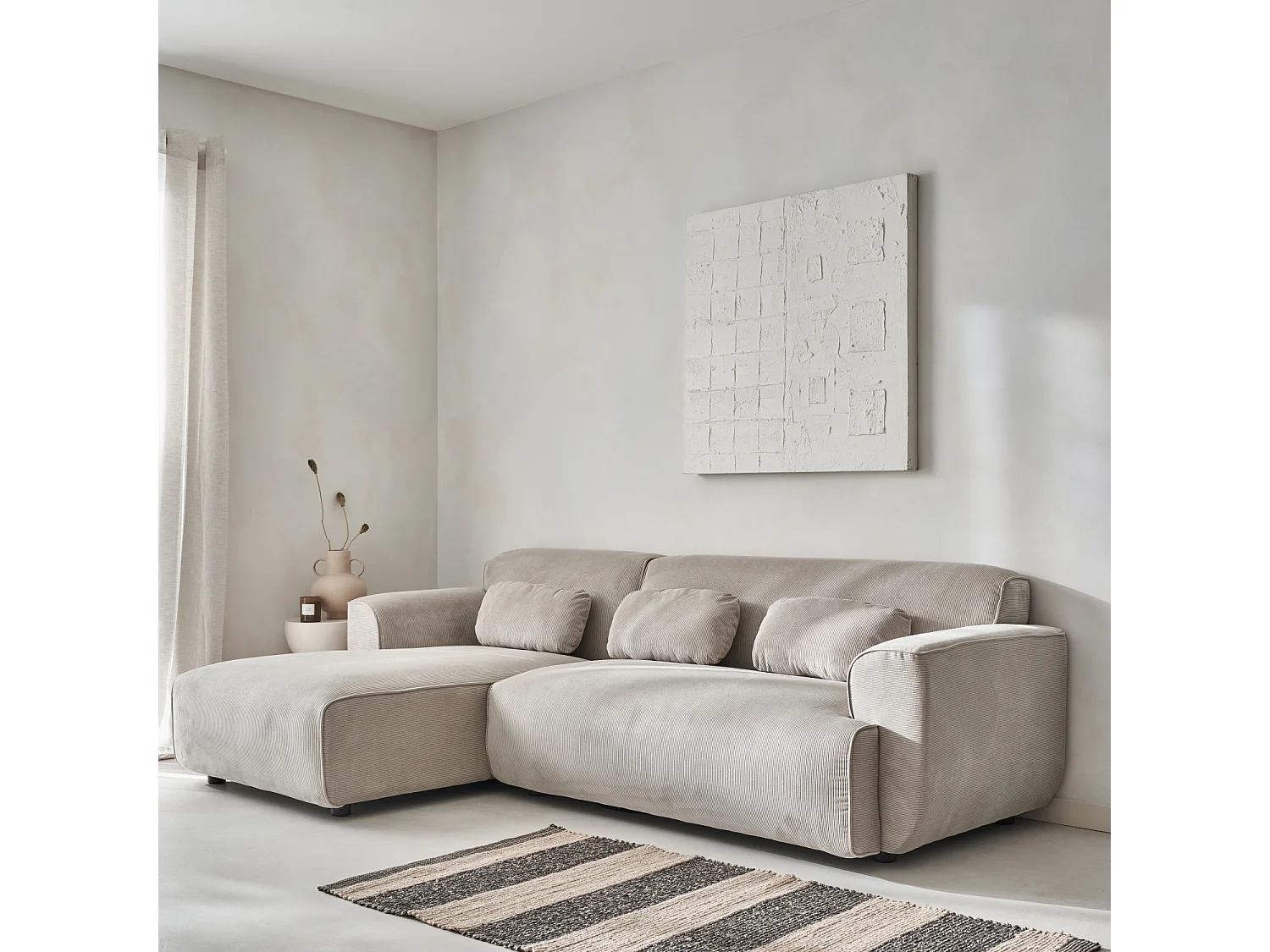 Canapé d'angle gauche. 2 à 3 places. velours côtelé. Wallas L 196 x P 151 / 91 / x H 73cm