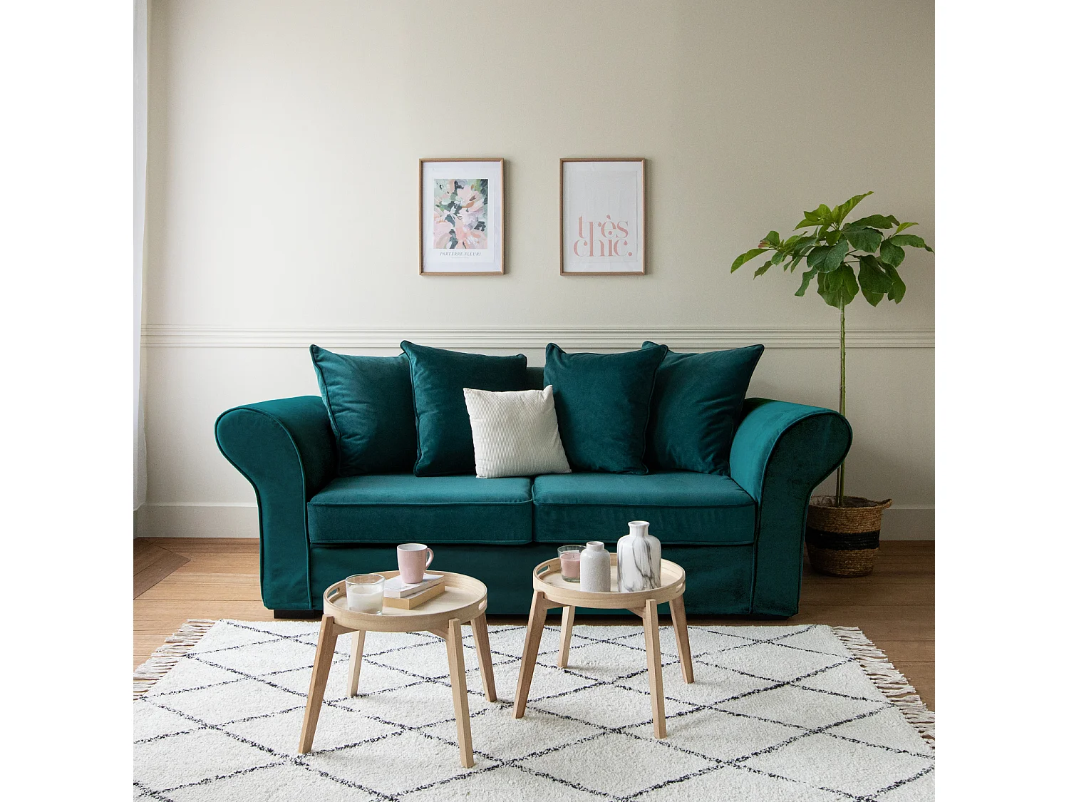 Canapé droit 3 places en velours vert émeraude OSCAR