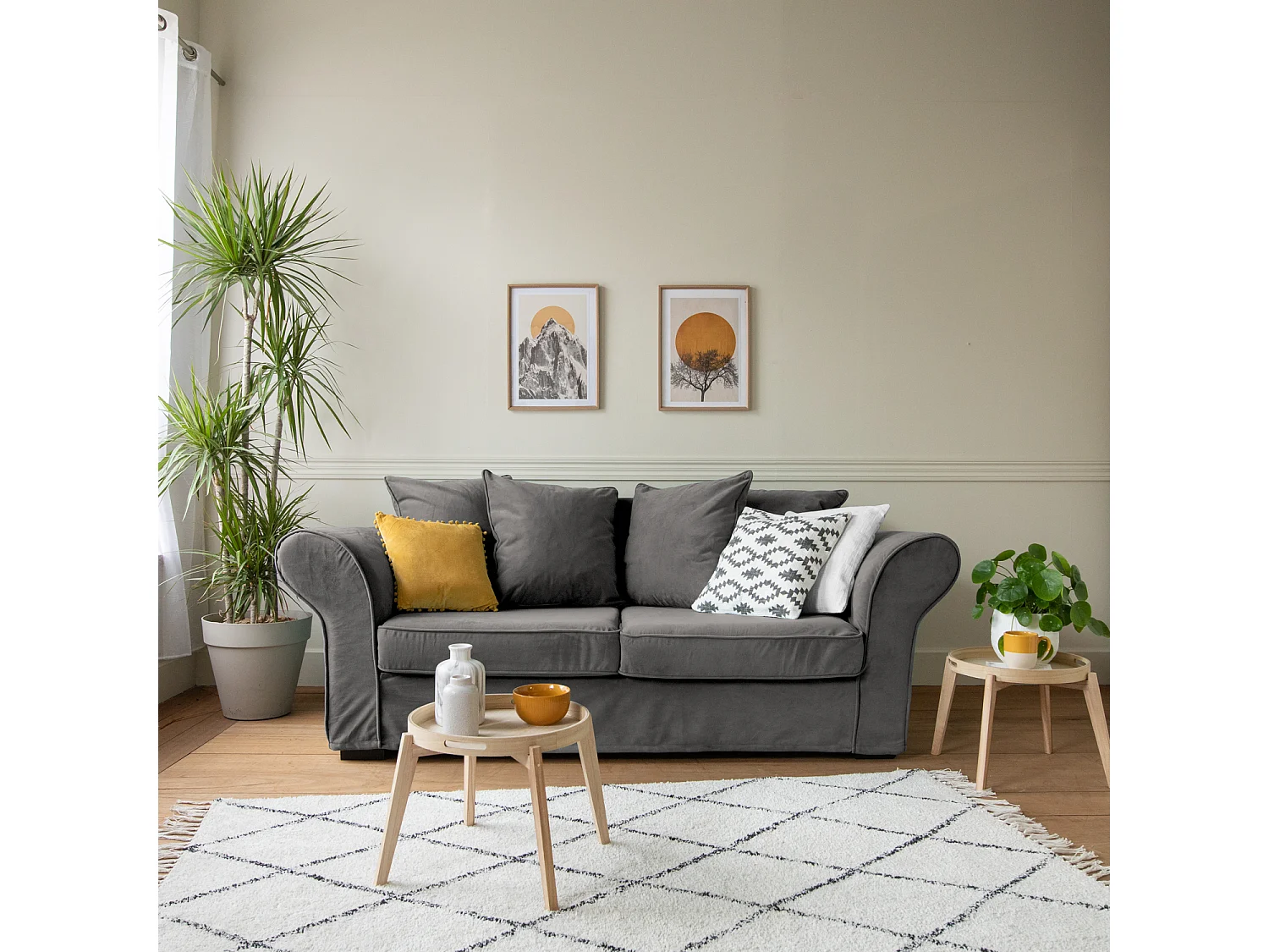 Canapé droit 3 places en velours gris OSCAR