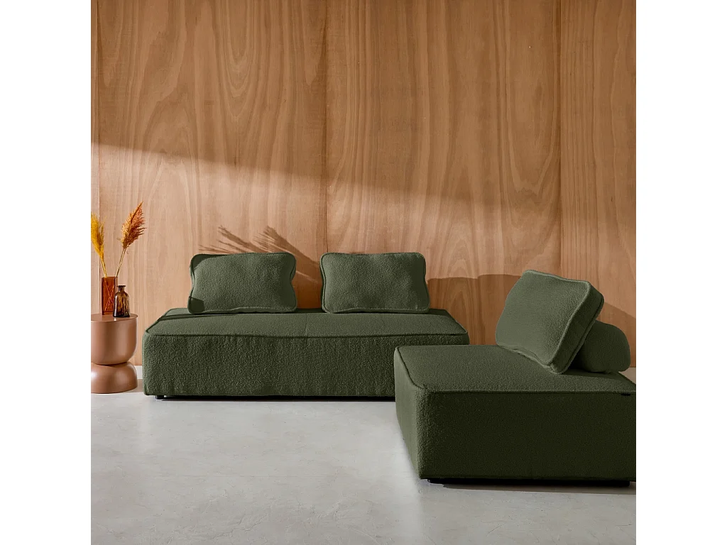 Divano modulare in bouclé, 3 posti, verde kaki