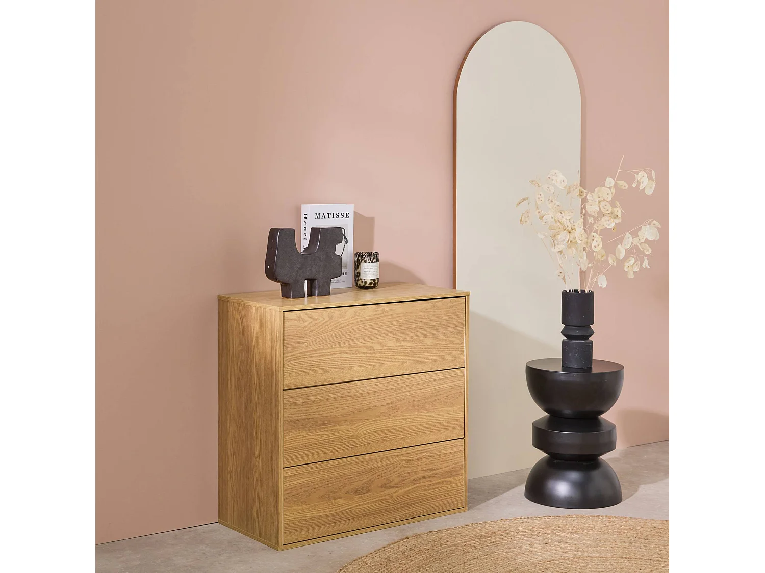 Modulo di stoccaggio decorativo in legno 3 cassetti, quercia