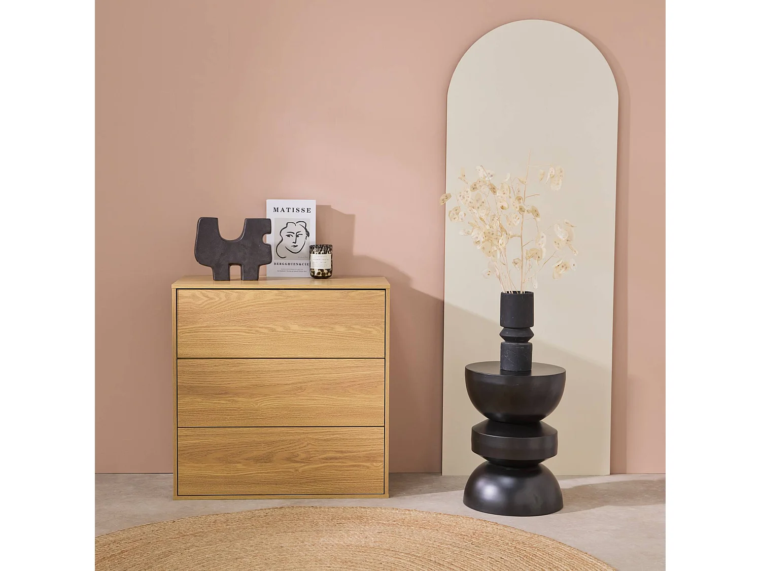 Modulo di stoccaggio decorativo in legno 3 cassetti, quercia