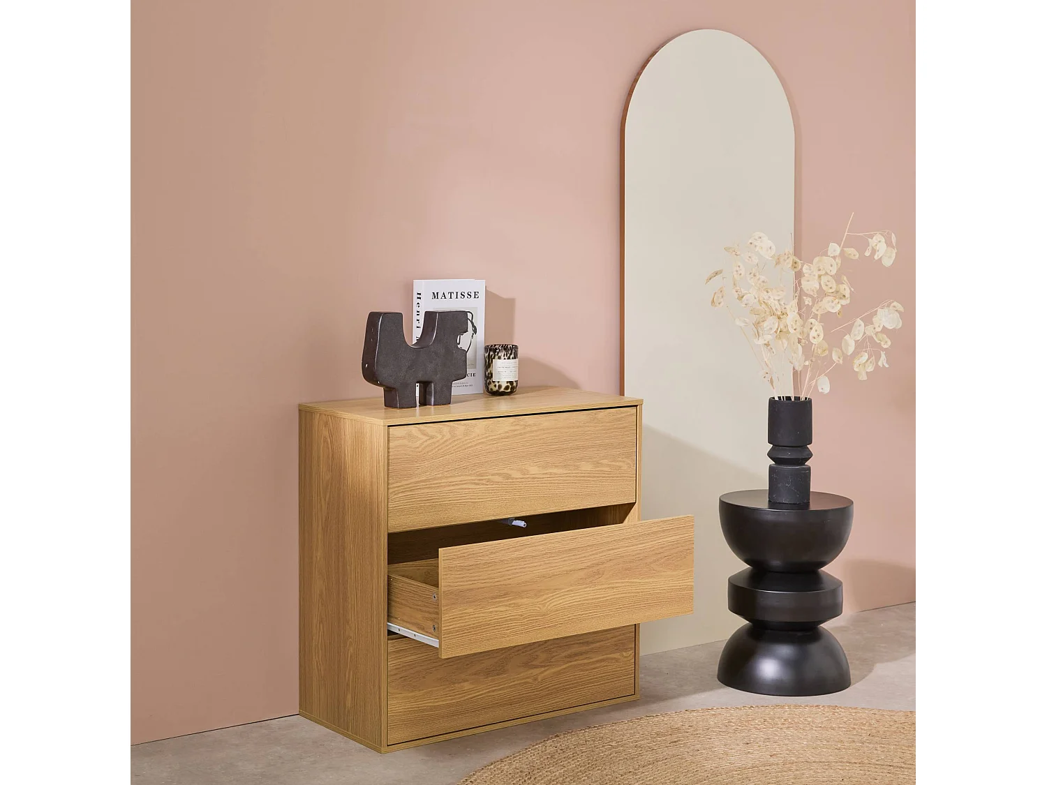 Modulo di stoccaggio decorativo in legno 3 cassetti, quercia