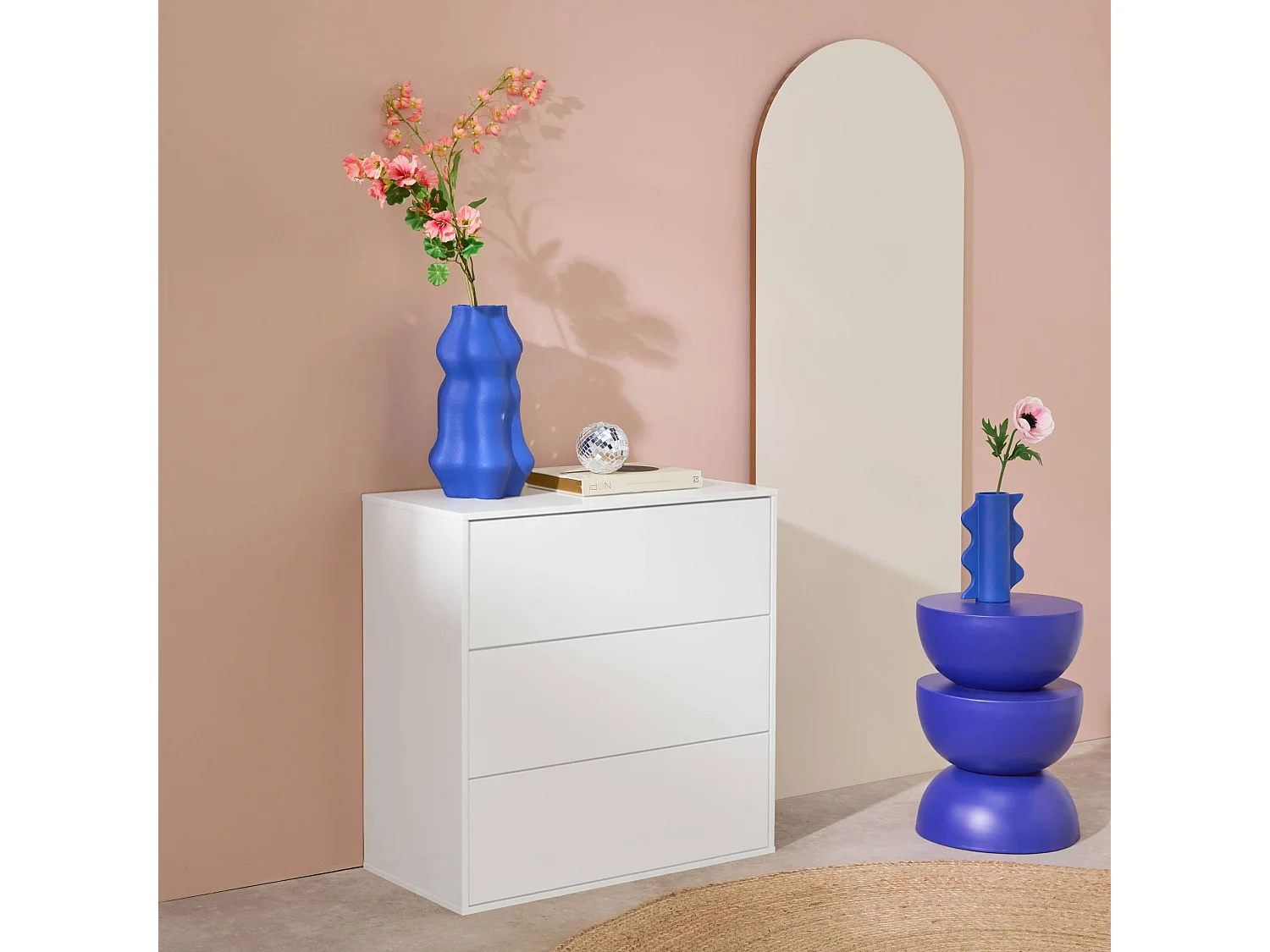 Modulo di stoccaggio decorativo in legno 3 cassetti, bianco