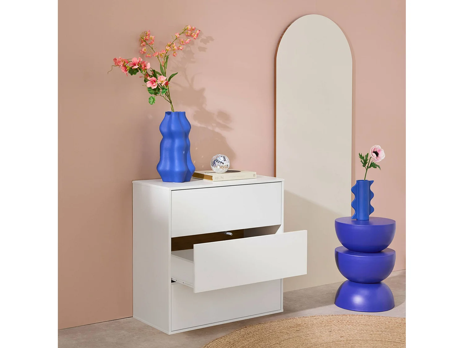 Modulo di stoccaggio decorativo in legno 3 cassetti, bianco