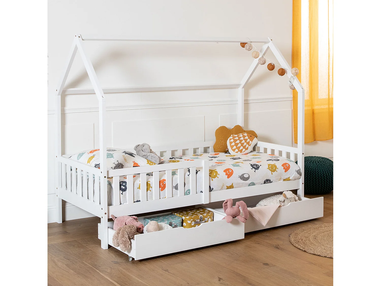 Lit cabane pour enfant 190x90cm blanc avec tiroirs MARCEAU