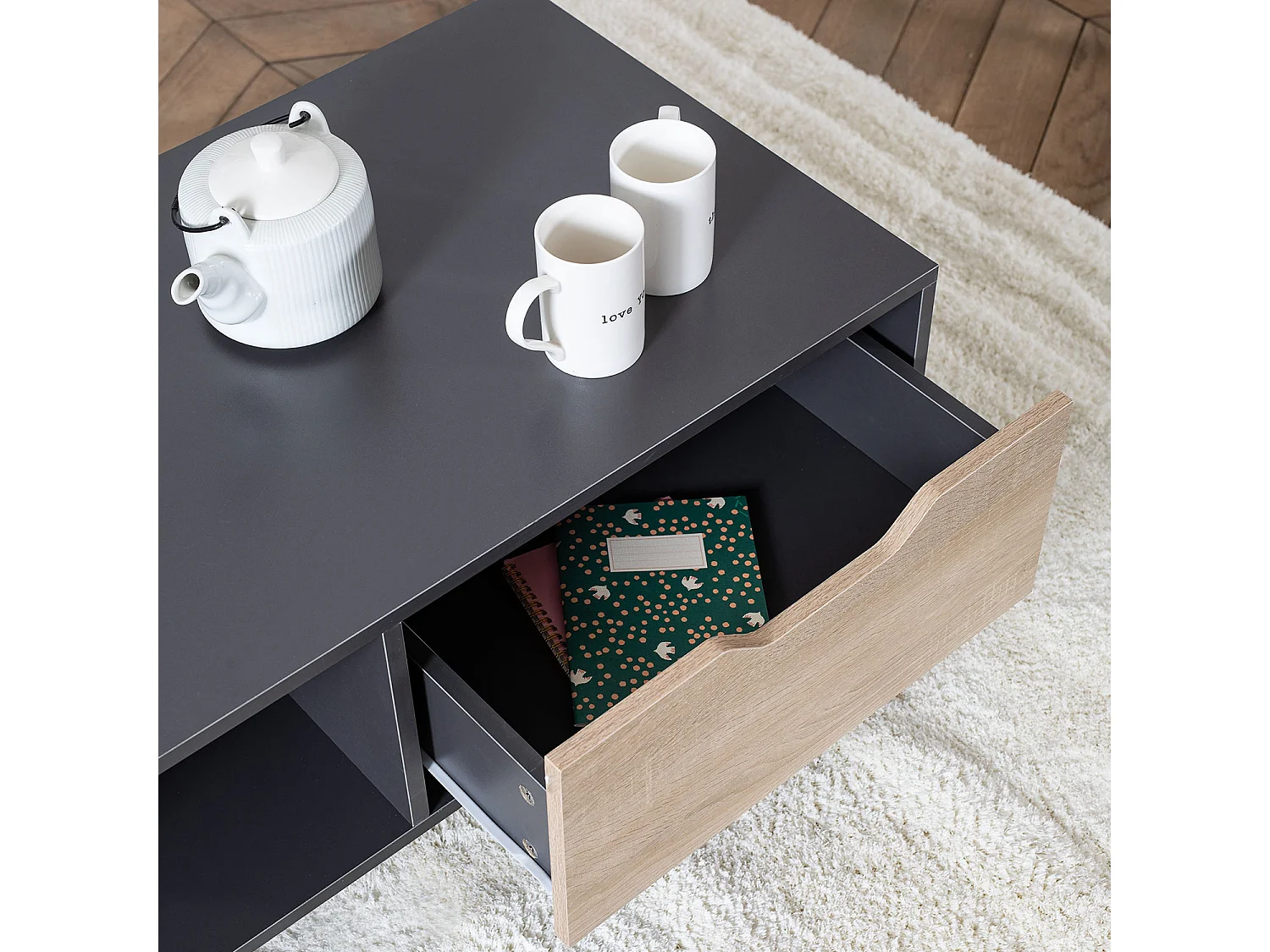 Table basse avec tiroir style scandinave grise FREJA