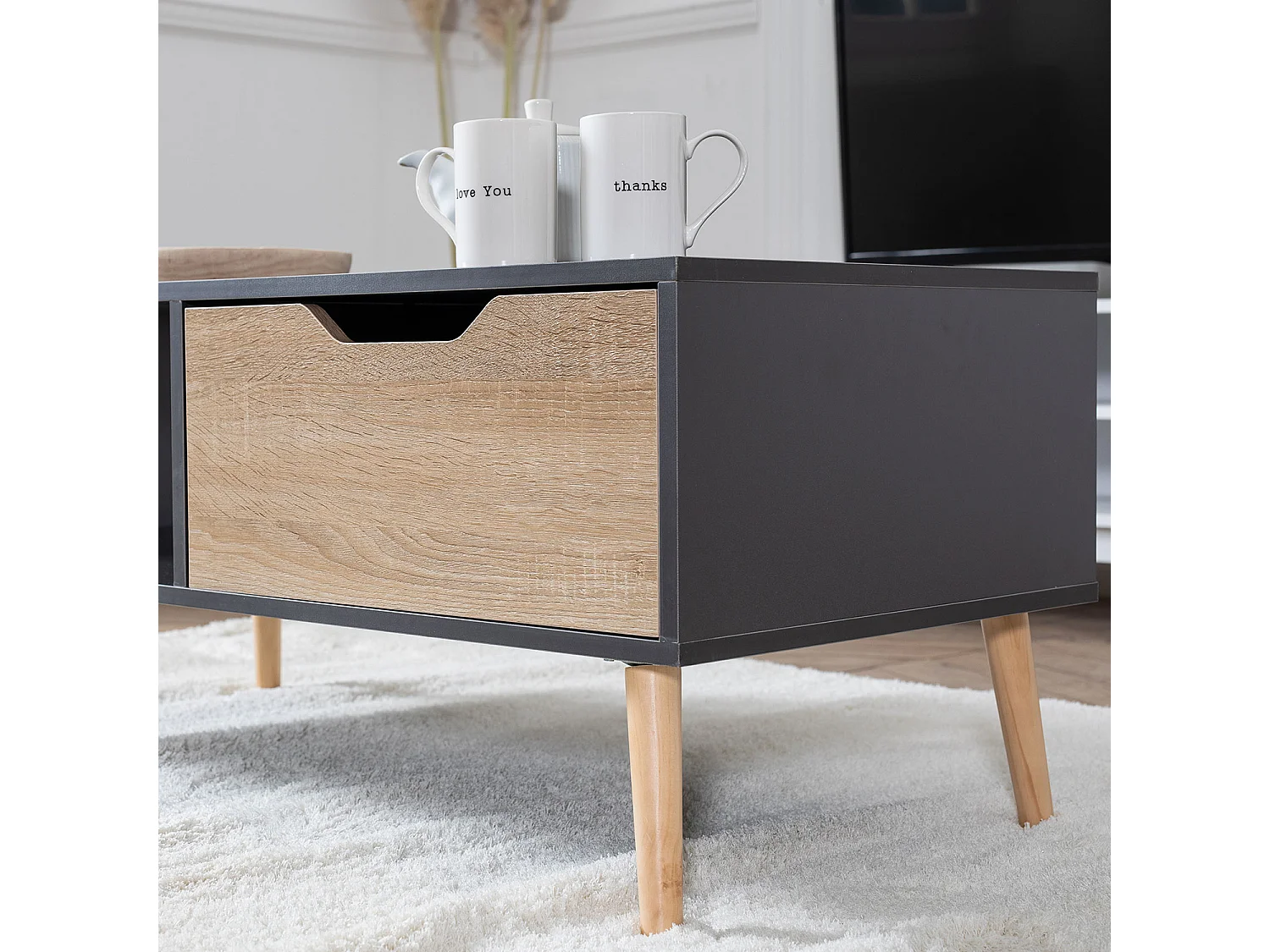 Table basse avec tiroir style scandinave grise FREJA