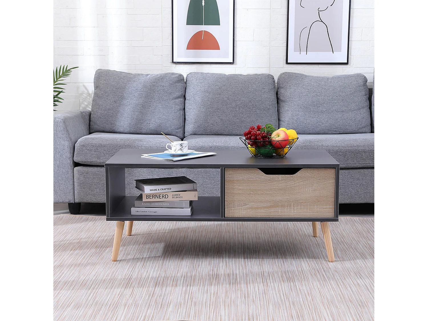 Table basse avec tiroir style scandinave grise FREJA