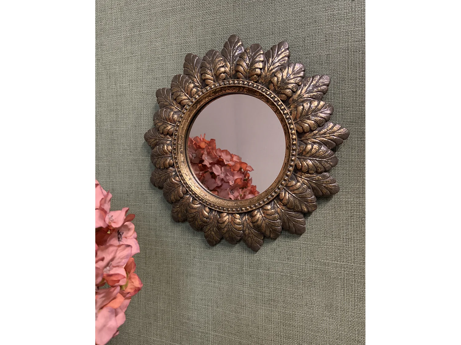 Miroir plumes rond doré patiné 18.6cm