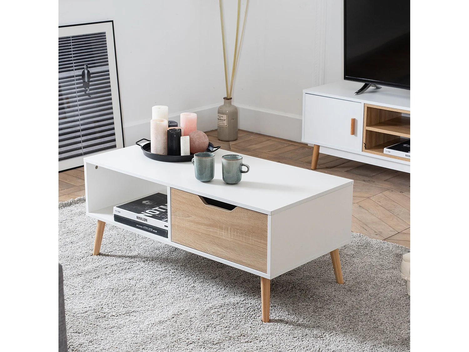 Table basse avec tiroir style scandinave blanche FREJA