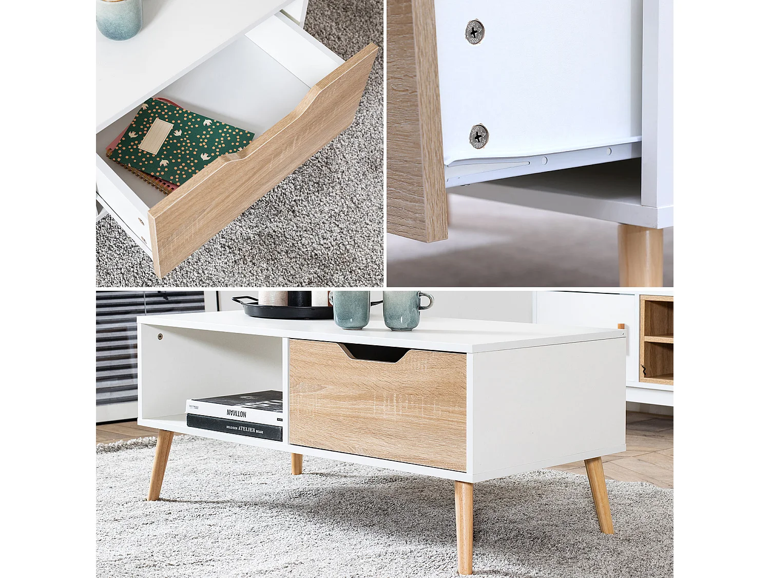 Table basse avec tiroir style scandinave blanche FREJA
