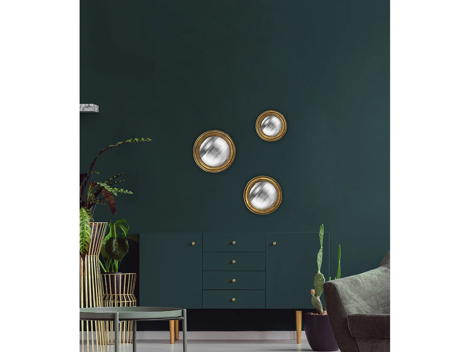 Lot de 3 miroirs ronds convexes dorés 20, 24 et 26cm