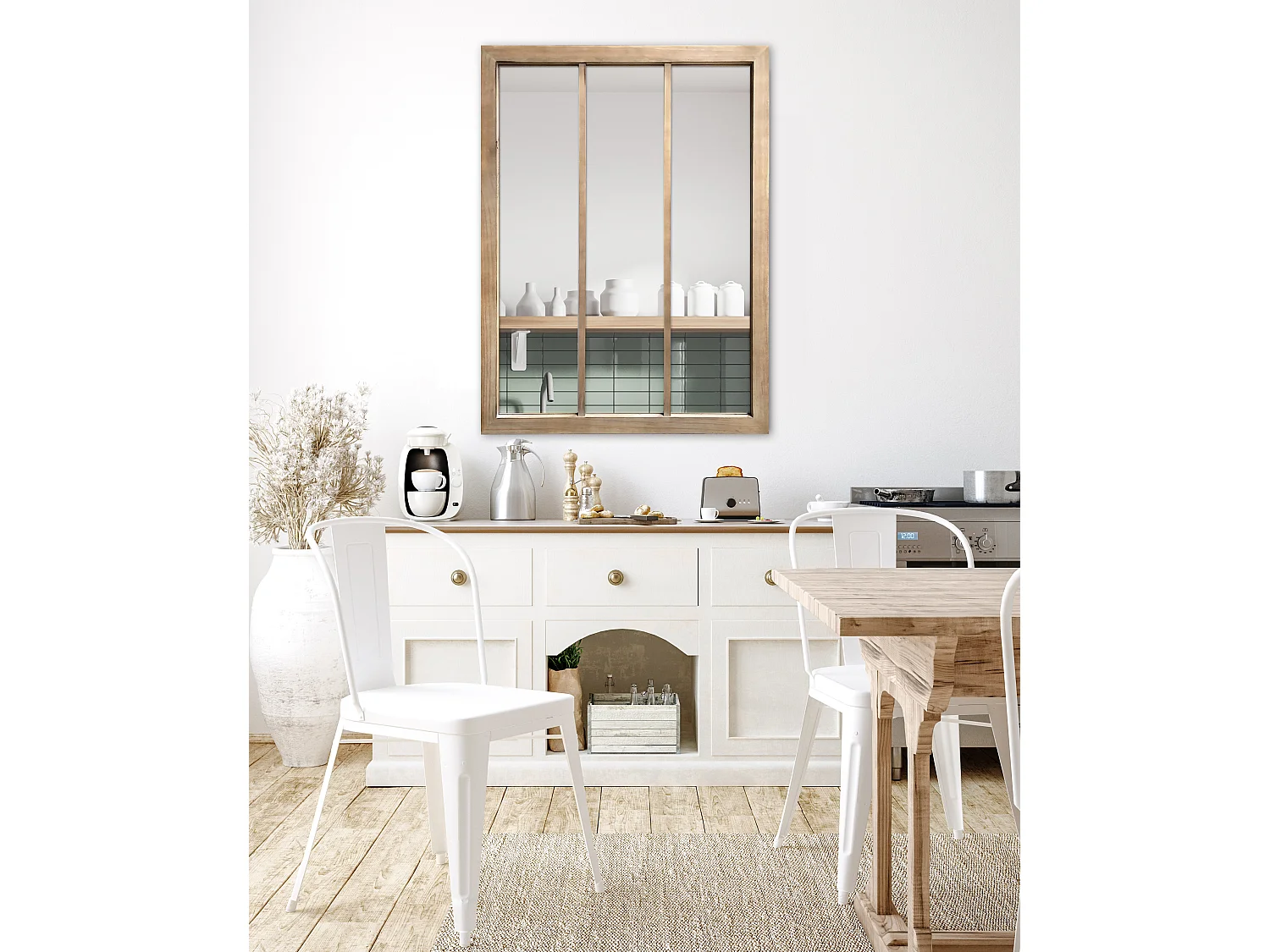 Miroir fenêtre 3 bandes en bois 85 x 113 cm