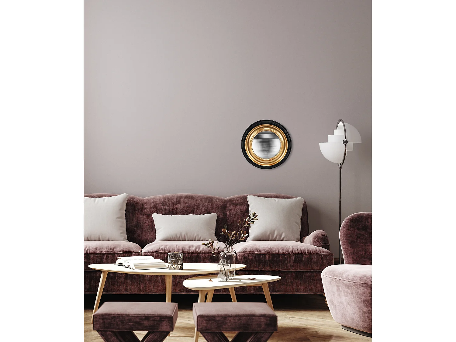 Miroir convexe rond noir halo doré 23,5cm