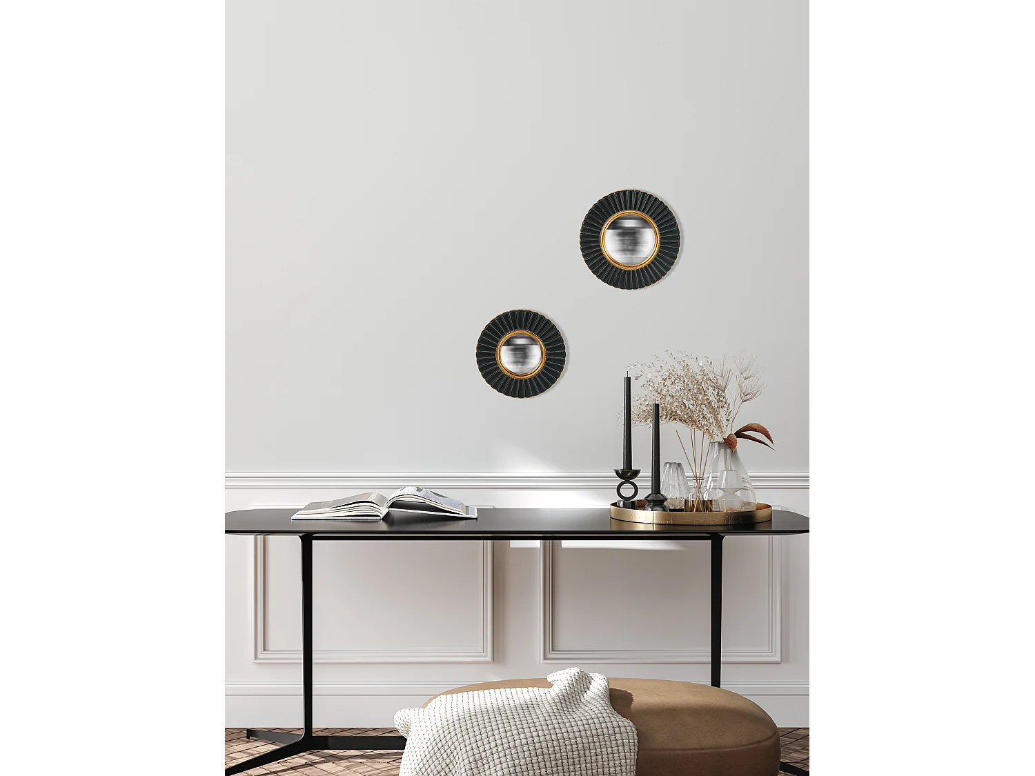 Miroir fleur convexe noir et doré 26cm