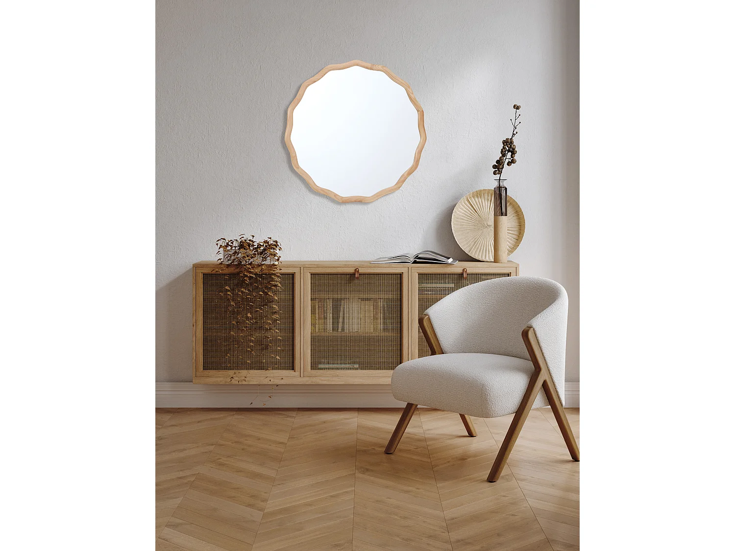 Miroir rond bois clair ondulé 60cm