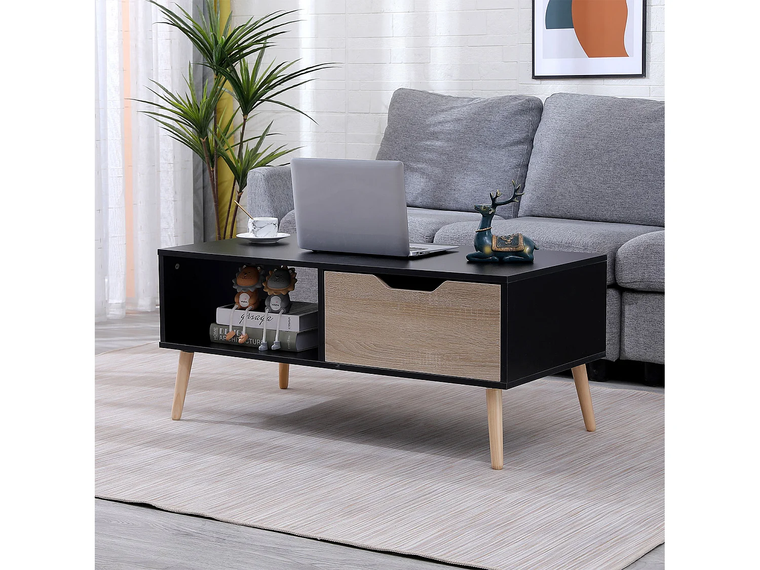 Table basse avec tiroir style scandinave noire FREJA