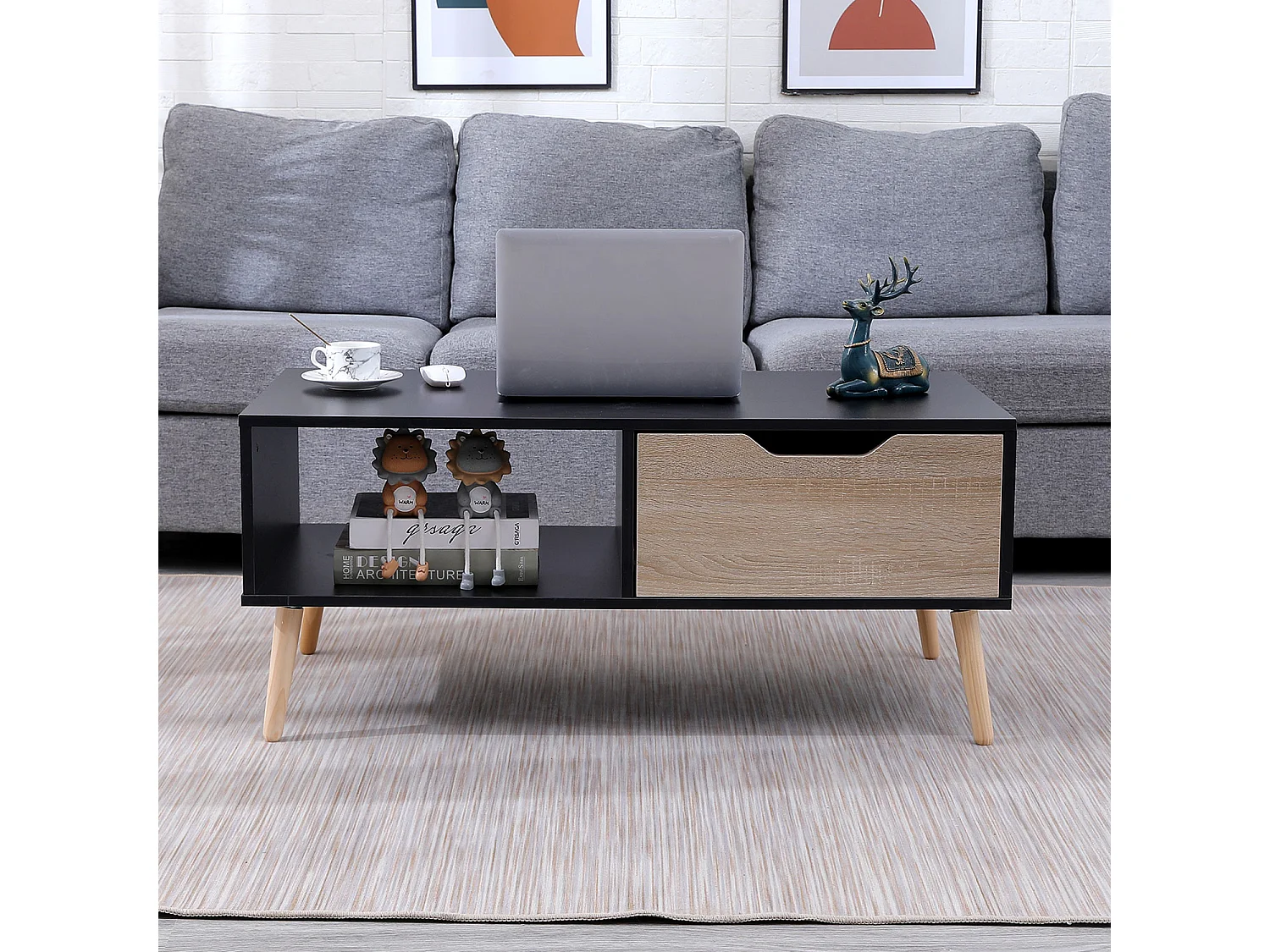 Table basse avec tiroir style scandinave noire FREJA