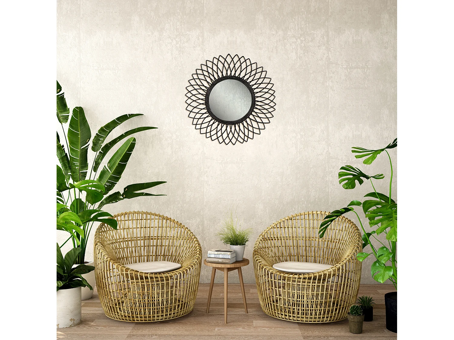 Miroir fleur en rotin noir 61cm