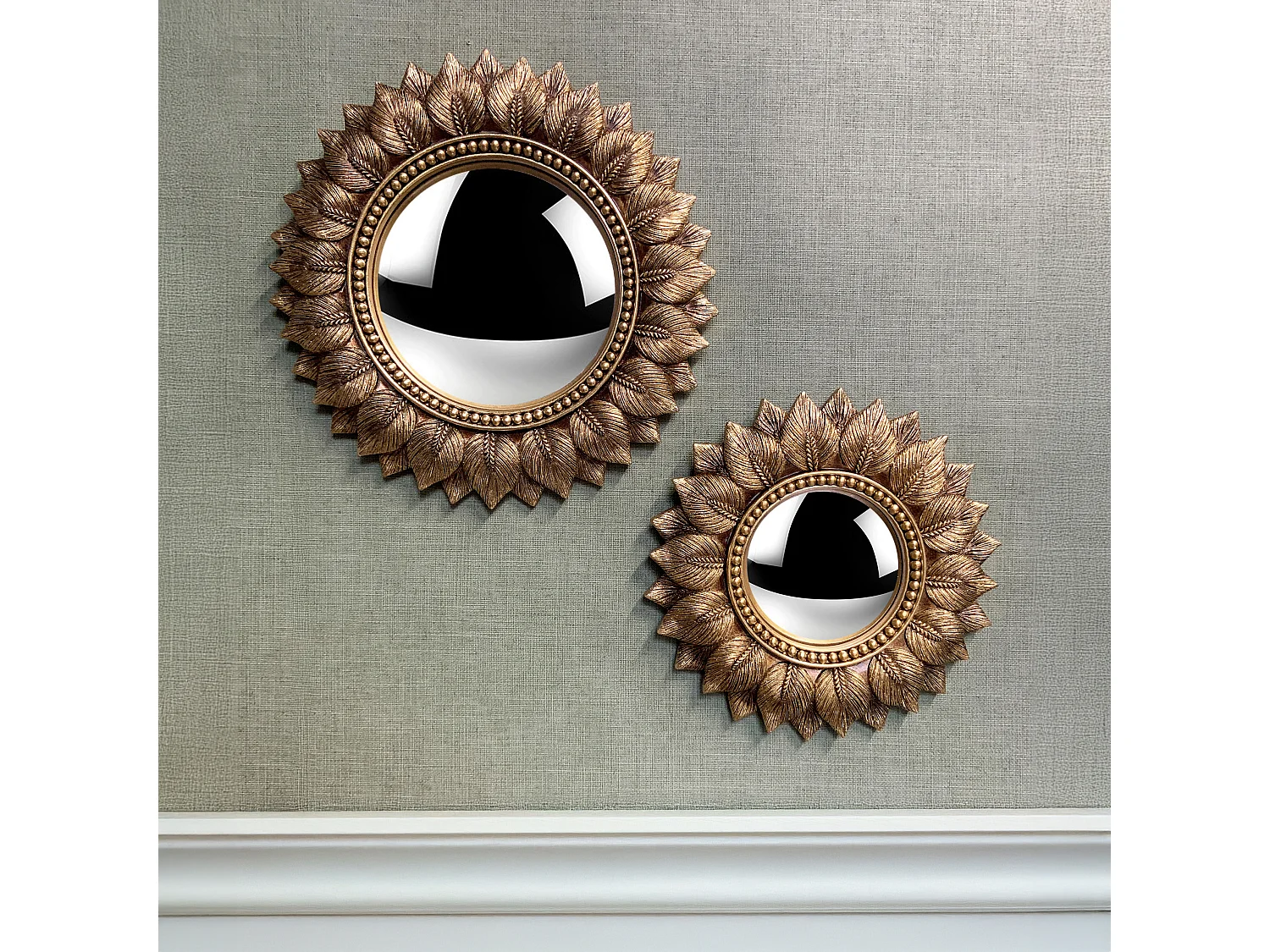 Miroir feuilles convexe doré 24.3cm