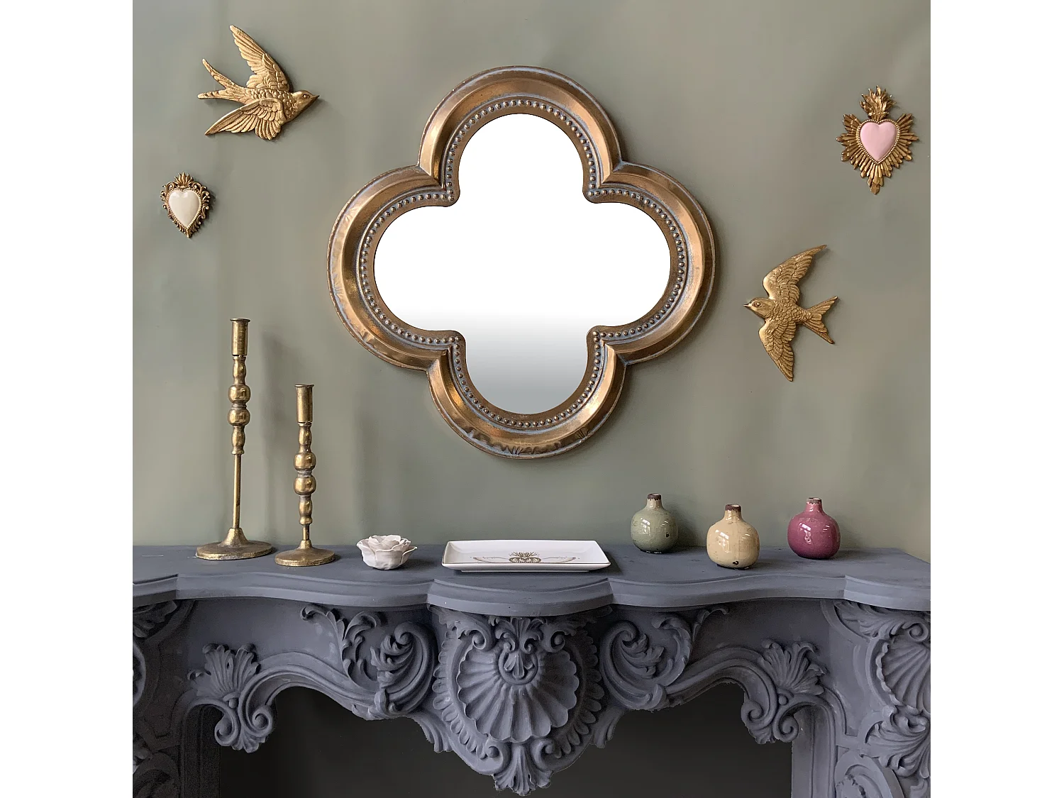 Miroir trèfle métal doré 66cm