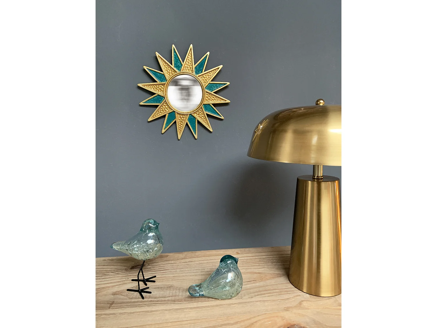 Miroir soleil convexe bleu et doré 28cm