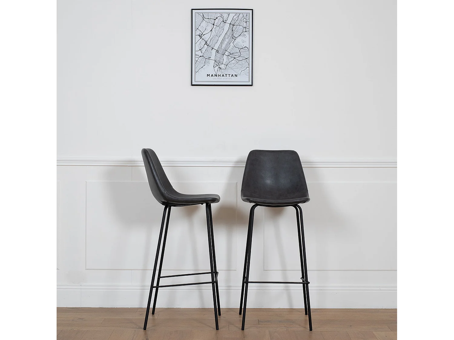 Lot de 2 tabourets de bar vintage LUCIEN gris foncé - Hauteur d'assise 75cm