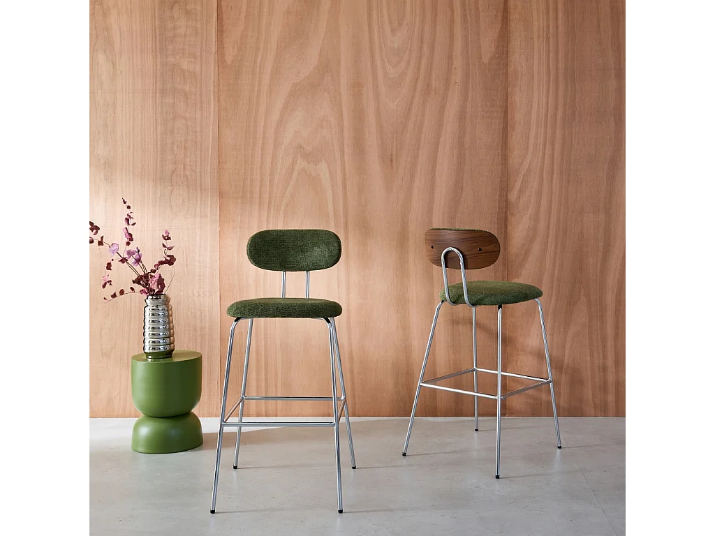 Set di 2 sgabelli da bar legno tinto noce e tessuto idrorepellente