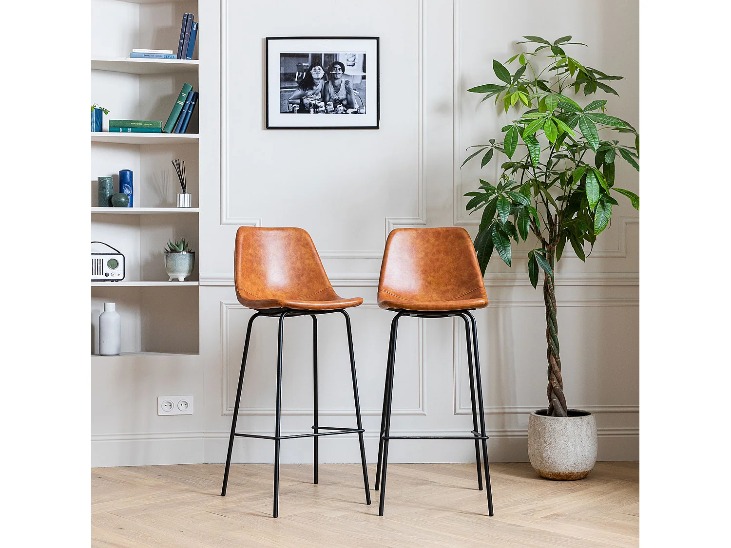 Lot de 2 tabourets de bar vintage LUCIEN cognac - Hauteur d'assise 75cm